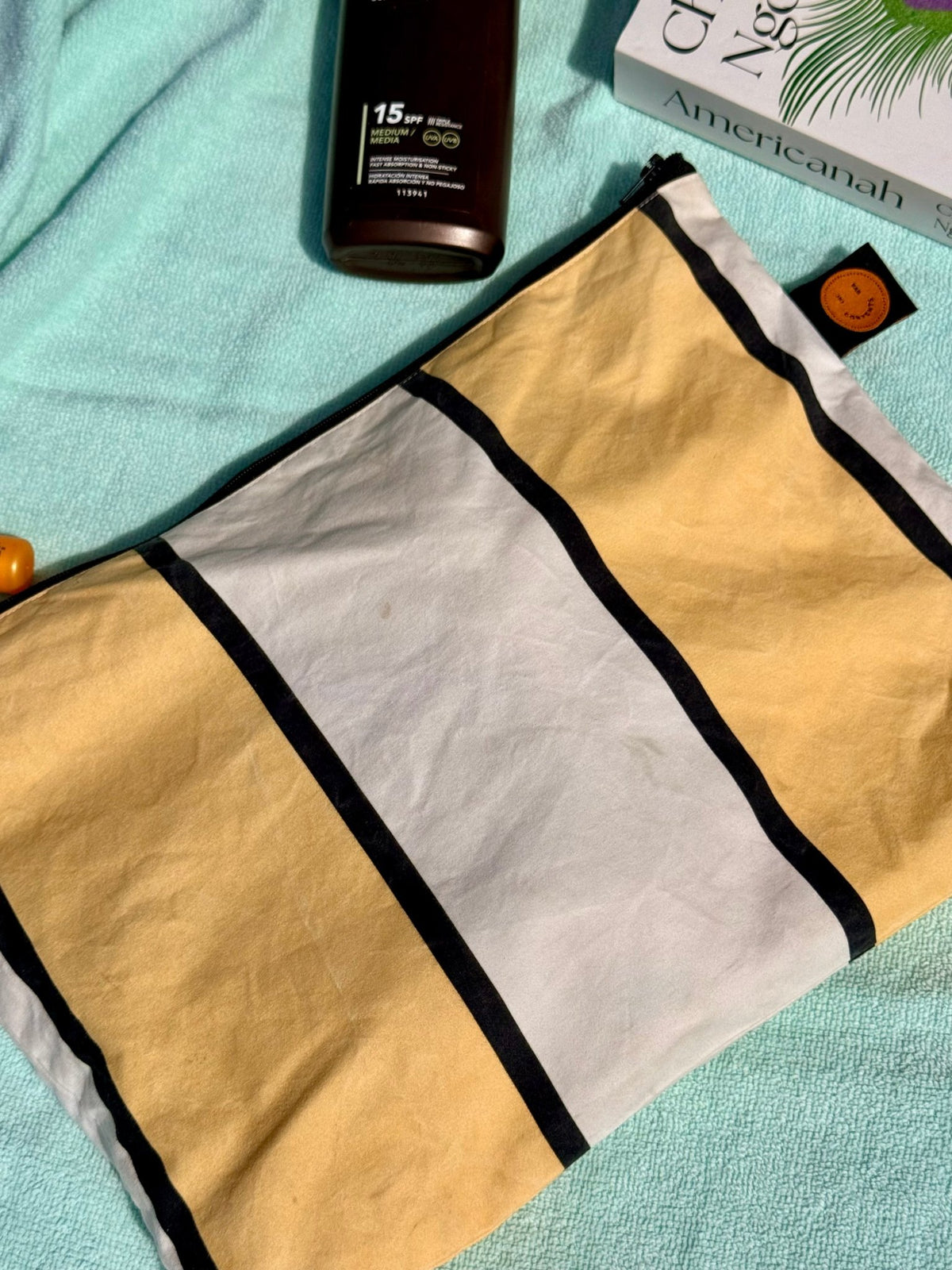 Large Yellow Striped Contents Zippered Pouch - The Contents Bag