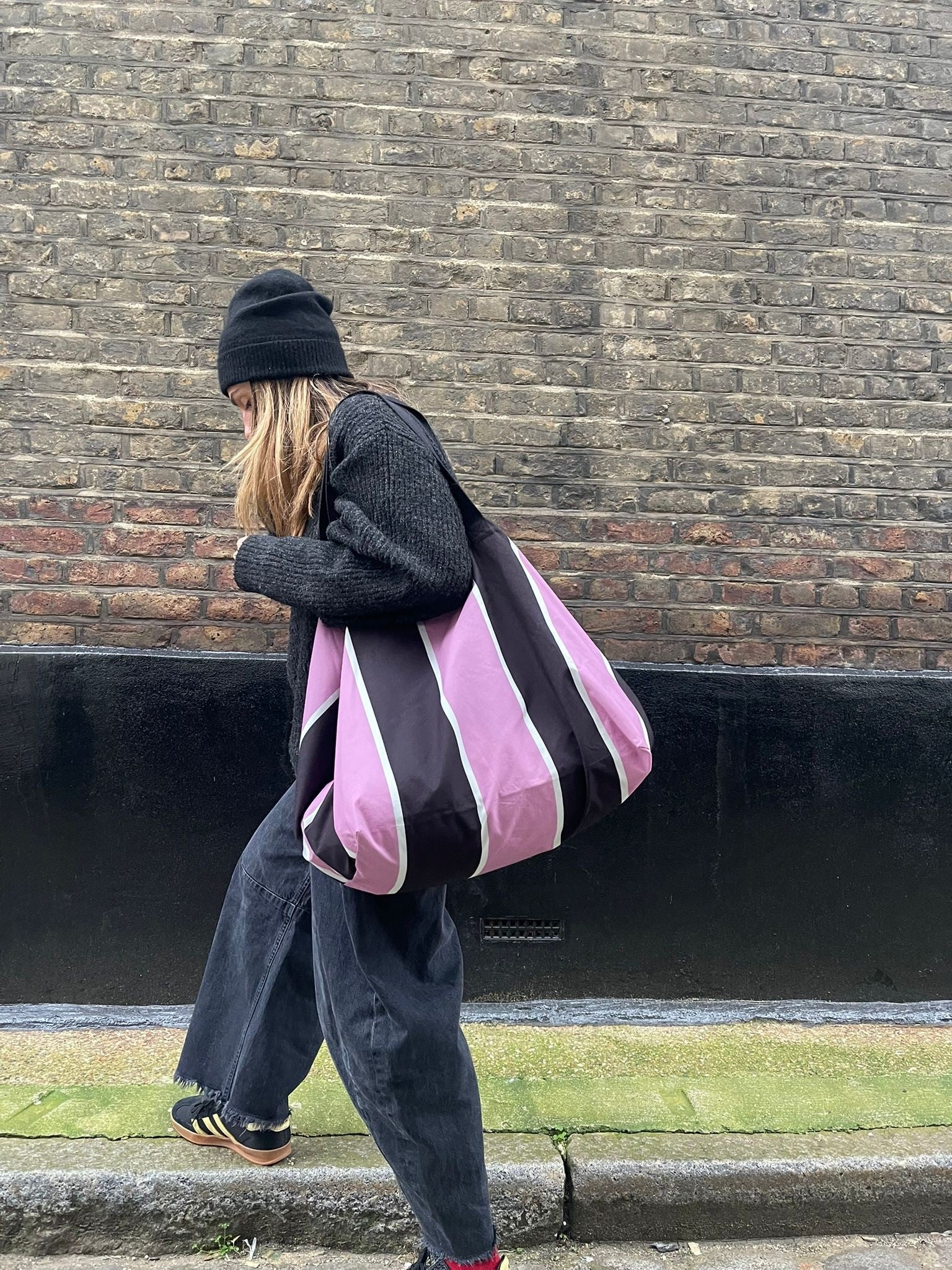 Lilac and Black Striped Contents Bag - The Contents Bag