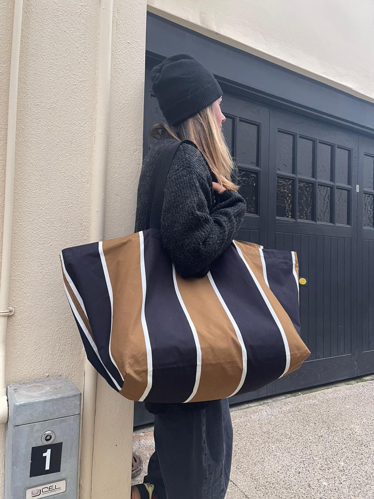 Brown and Black Striped Contents Bag