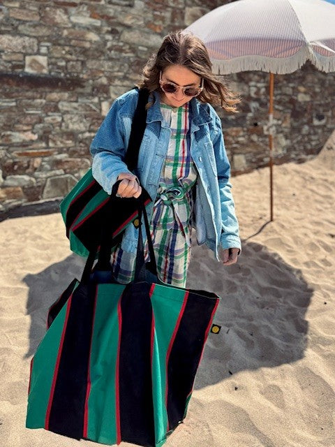 Green and Red Striped Contents Bag